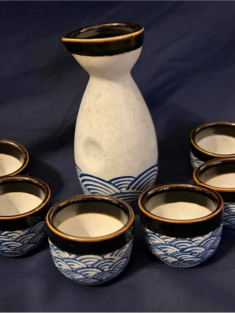 Japanese Style 7 pc Ceramic Sake Set w/Cobalt Blue Waves and Dark Trim NWOT